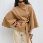 Women's Cape Coat with High Neck and Belted Waist