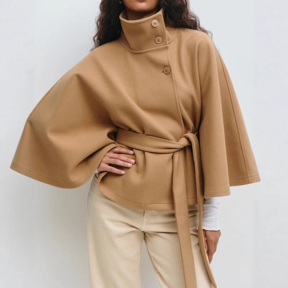 Women's Cape Coat with High Neck and Belted Waist