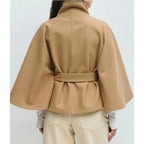 Women's Cape Coat with High Neck and Belted Waist