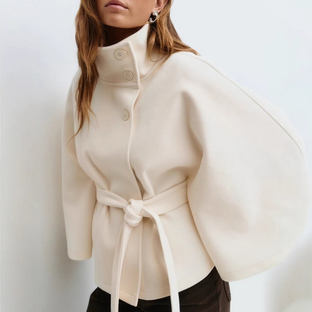 Women's Cape Coat with High Neck and Belted Waist