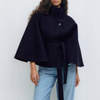 Women's Cape Coat with High Neck and Belted Waist