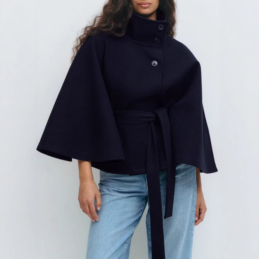 Women's Cape Coat with High Neck and Belted Waist
