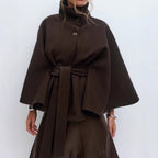 Women's Cape Coat with High Neck and Belted Waist
