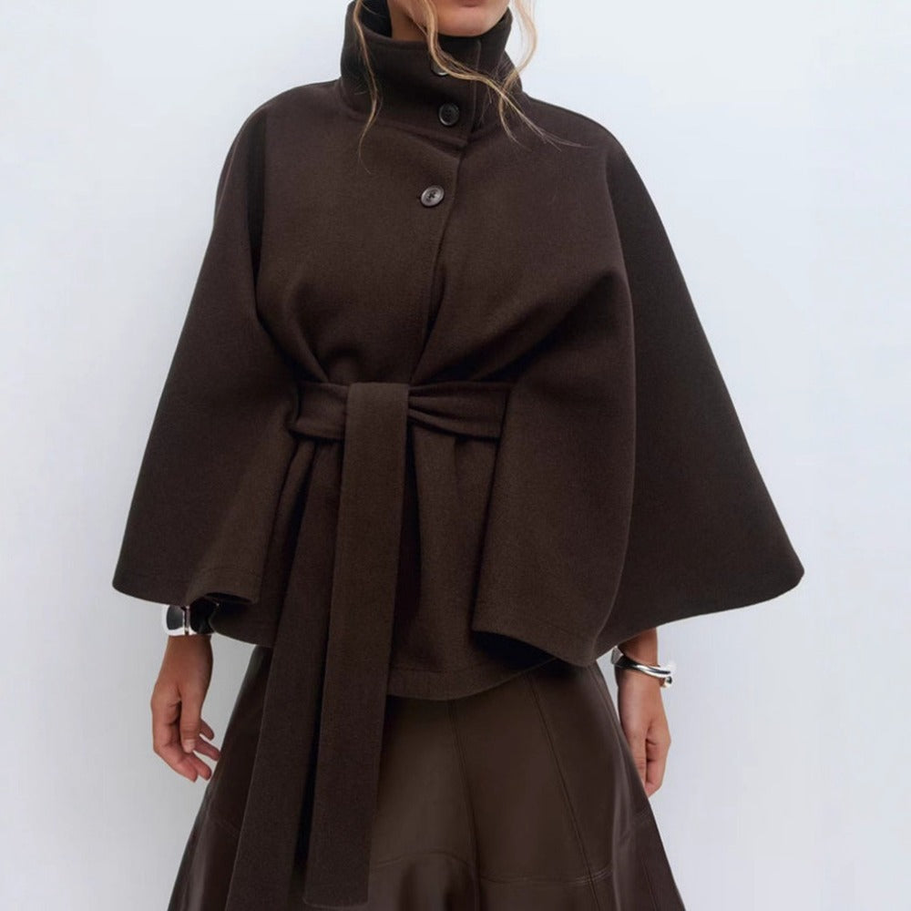 Women's Cape Coat with High Neck and Belted Waist