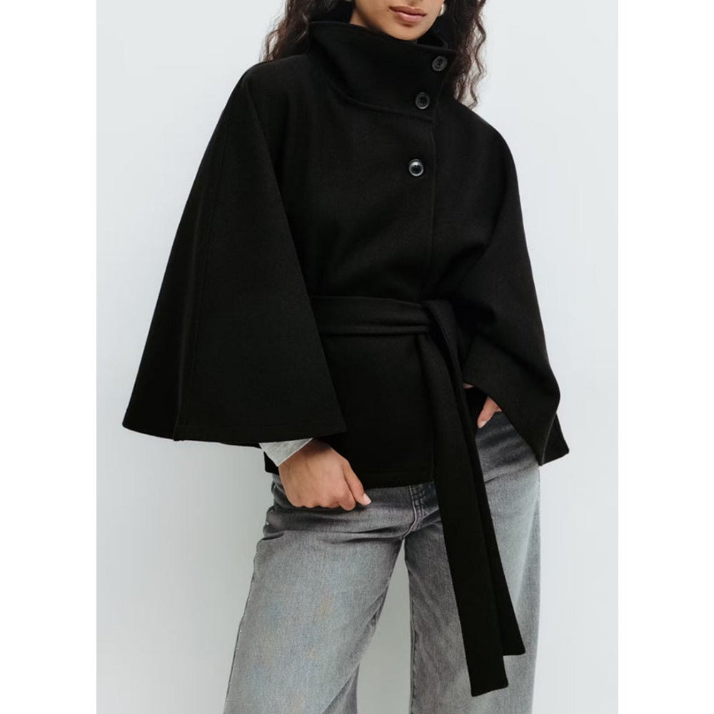 Women's Cape Coat with High Neck and Belted Waist