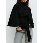 Women's Cape Coat with High Neck and Belted Waist