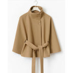 Women's Cape Coat with High Neck and Belted Waist