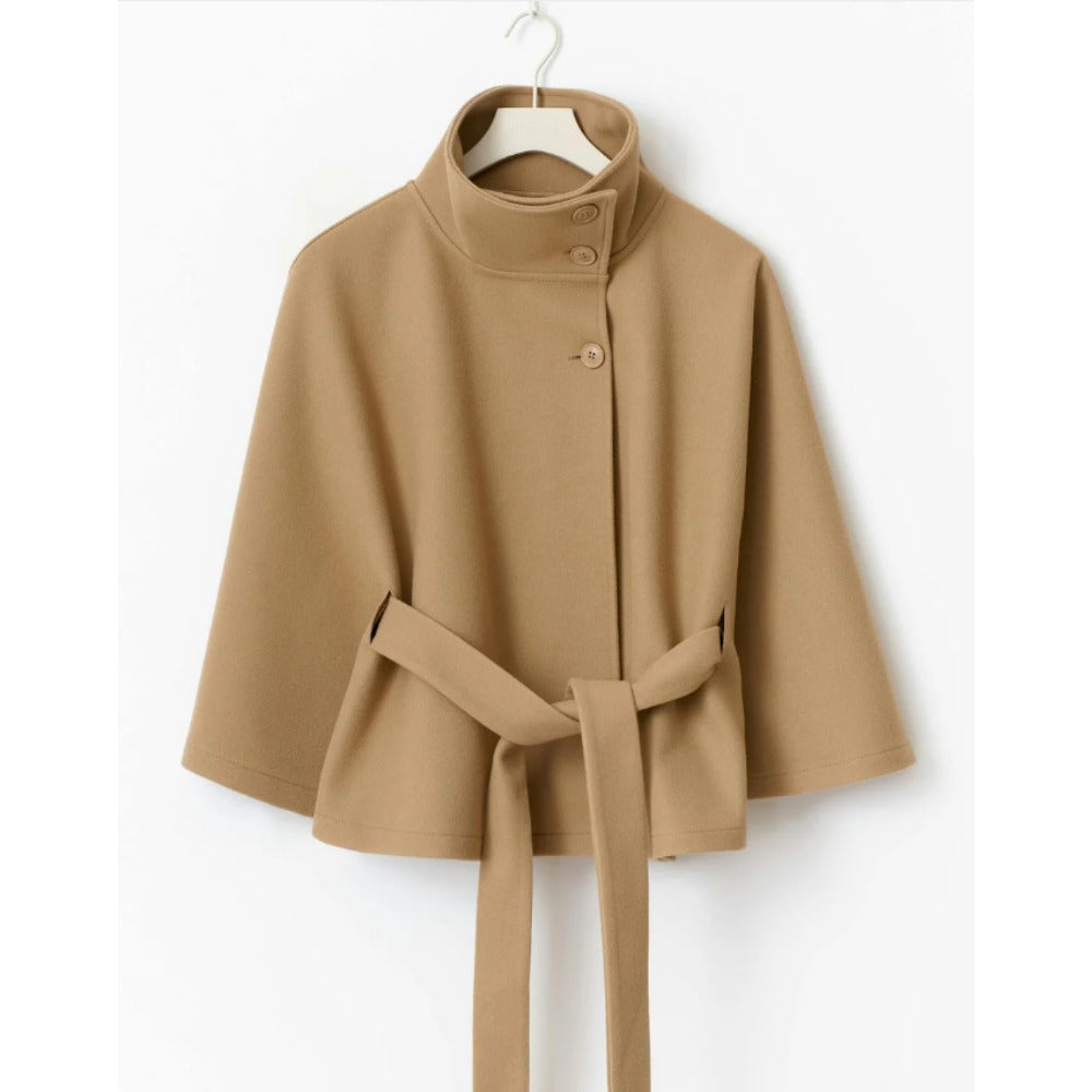 Women's Cape Coat with High Neck and Belted Waist