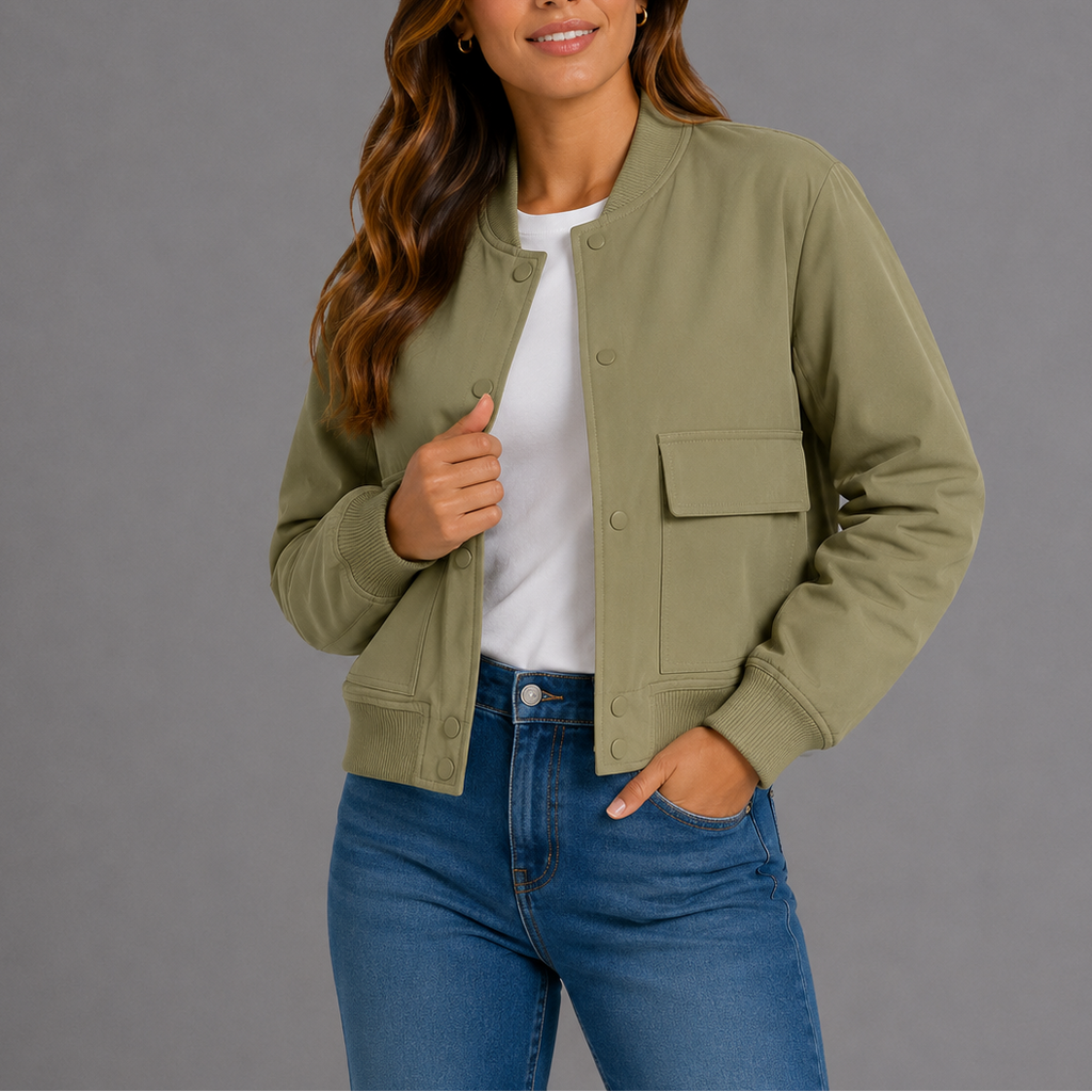 Women's Casual Button Up Bomber Jacket | Flap Pockets