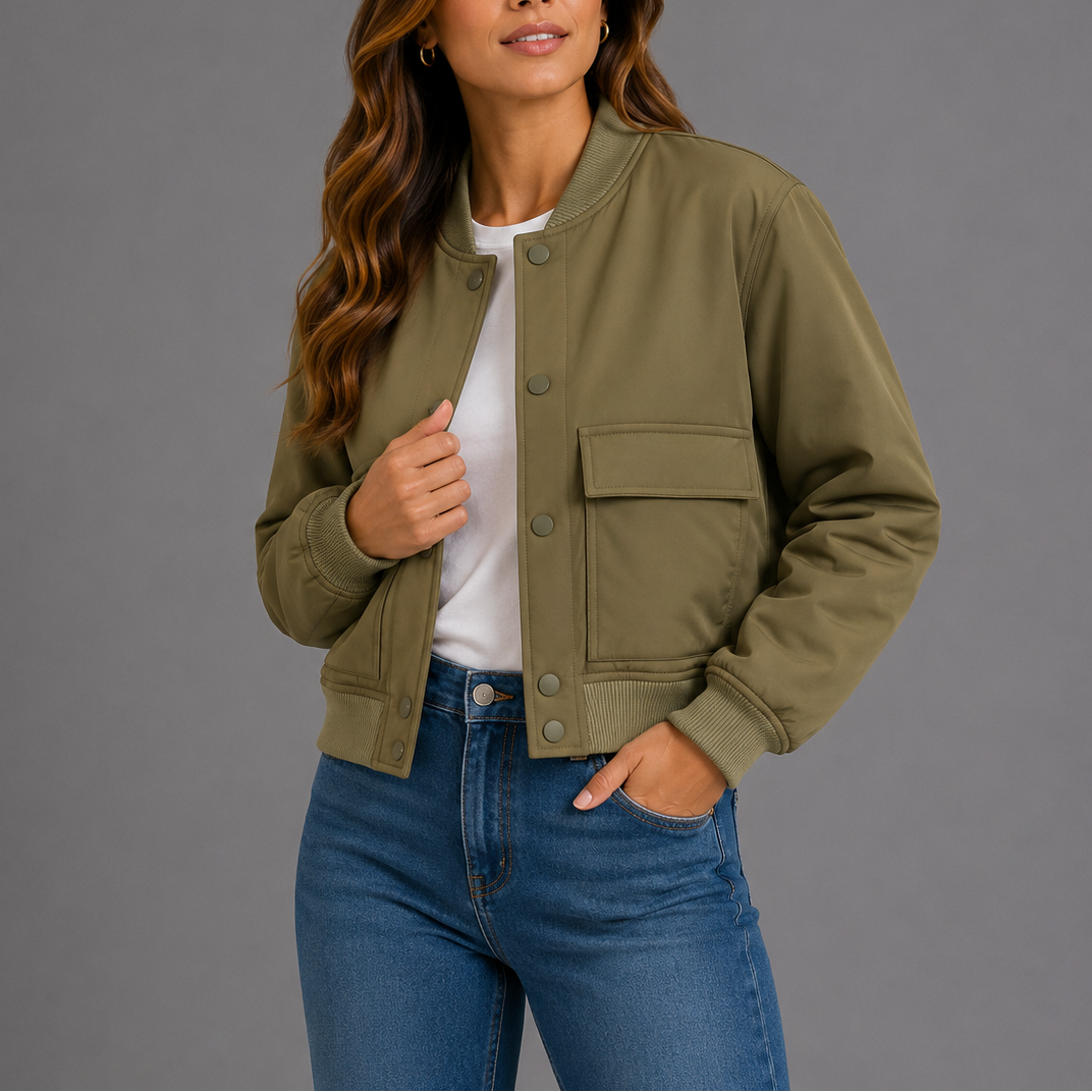 Women's Casual Button Up Bomber Jacket | Flap Pockets