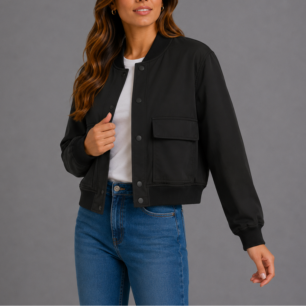Women's Casual Button Up Bomber Jacket | Flap Pockets