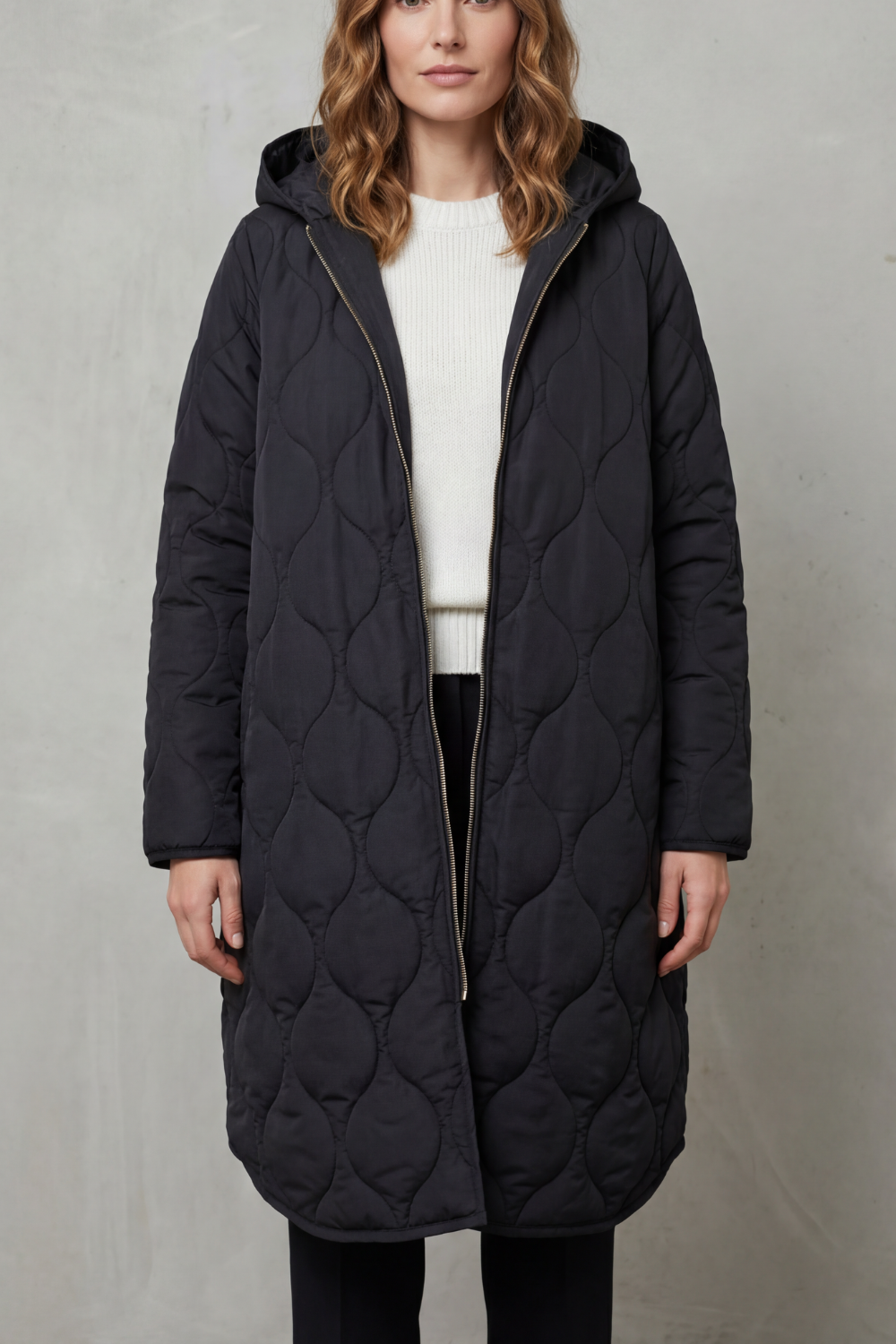 Women's Longline Quilted Coat with Hood and Zip Front