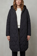Women's Longline Quilted Coat with Hood and Zip Front