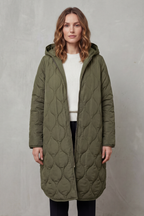 Women's Longline Quilted Coat with Hood and Zip Front
