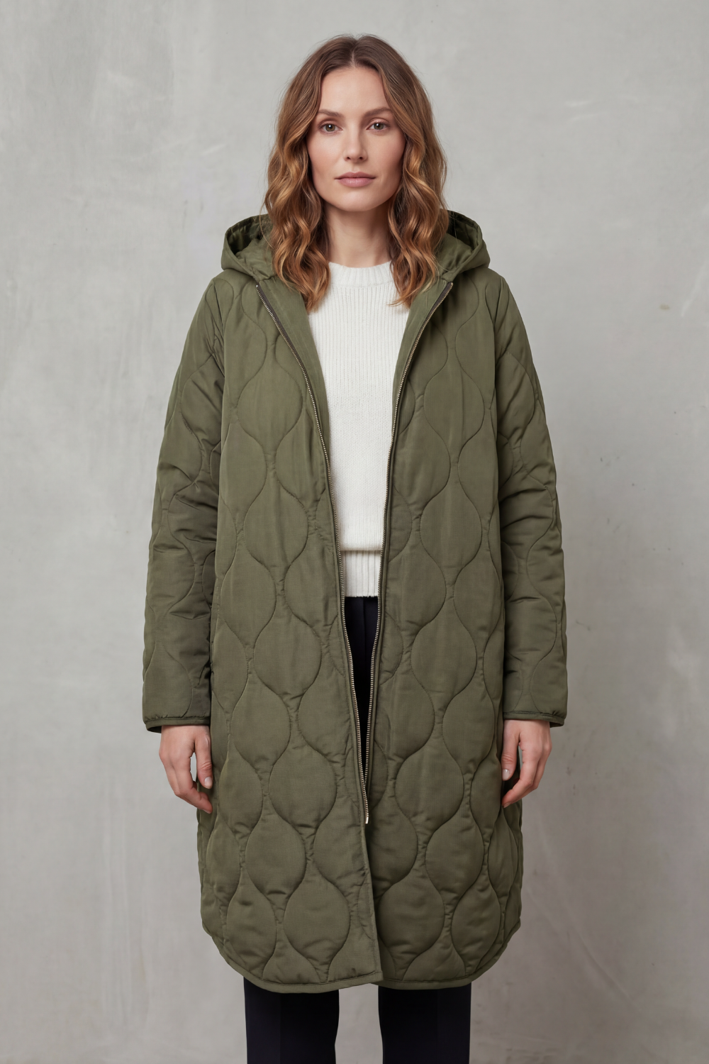 Women's Longline Quilted Coat with Hood and Zip Front
