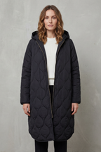 Women's Longline Quilted Coat with Hood and Zip Front