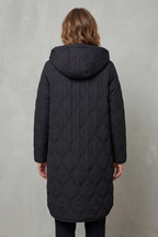 Women's Longline Quilted Coat with Hood and Zip Front