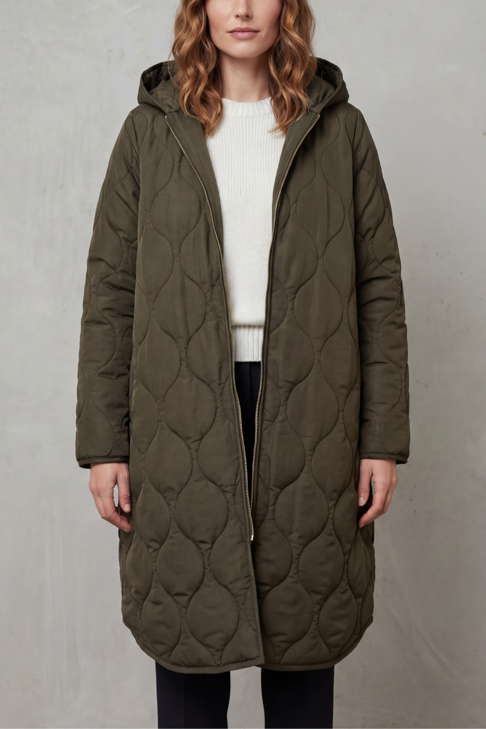 Women's Longline Quilted Coat with Hood and Zip Front