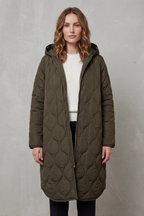 Women's Longline Quilted Coat with Hood and Zip Front