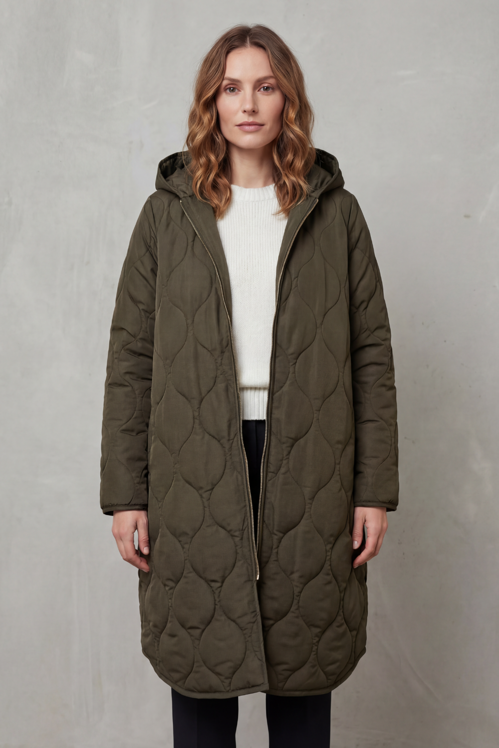 Women's Longline Quilted Coat with Hood and Zip Front