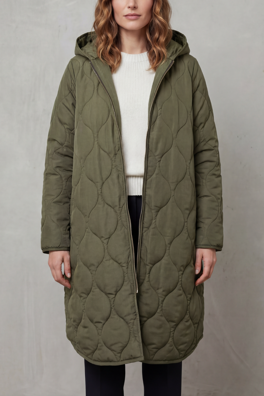 Women's Longline Quilted Coat with Hood and Zip Front