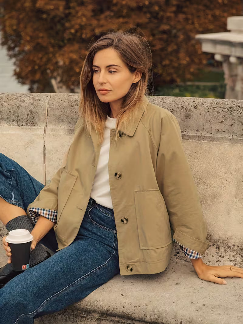 Women's Check Lined Jacket with Collar and Button Front
