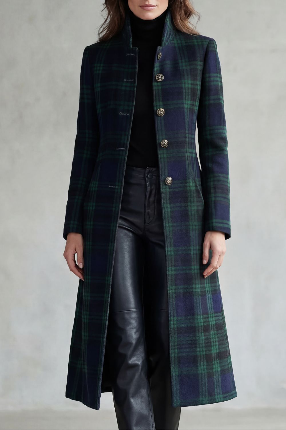 Women's Long Check Coat with Stand Collar and Button Front