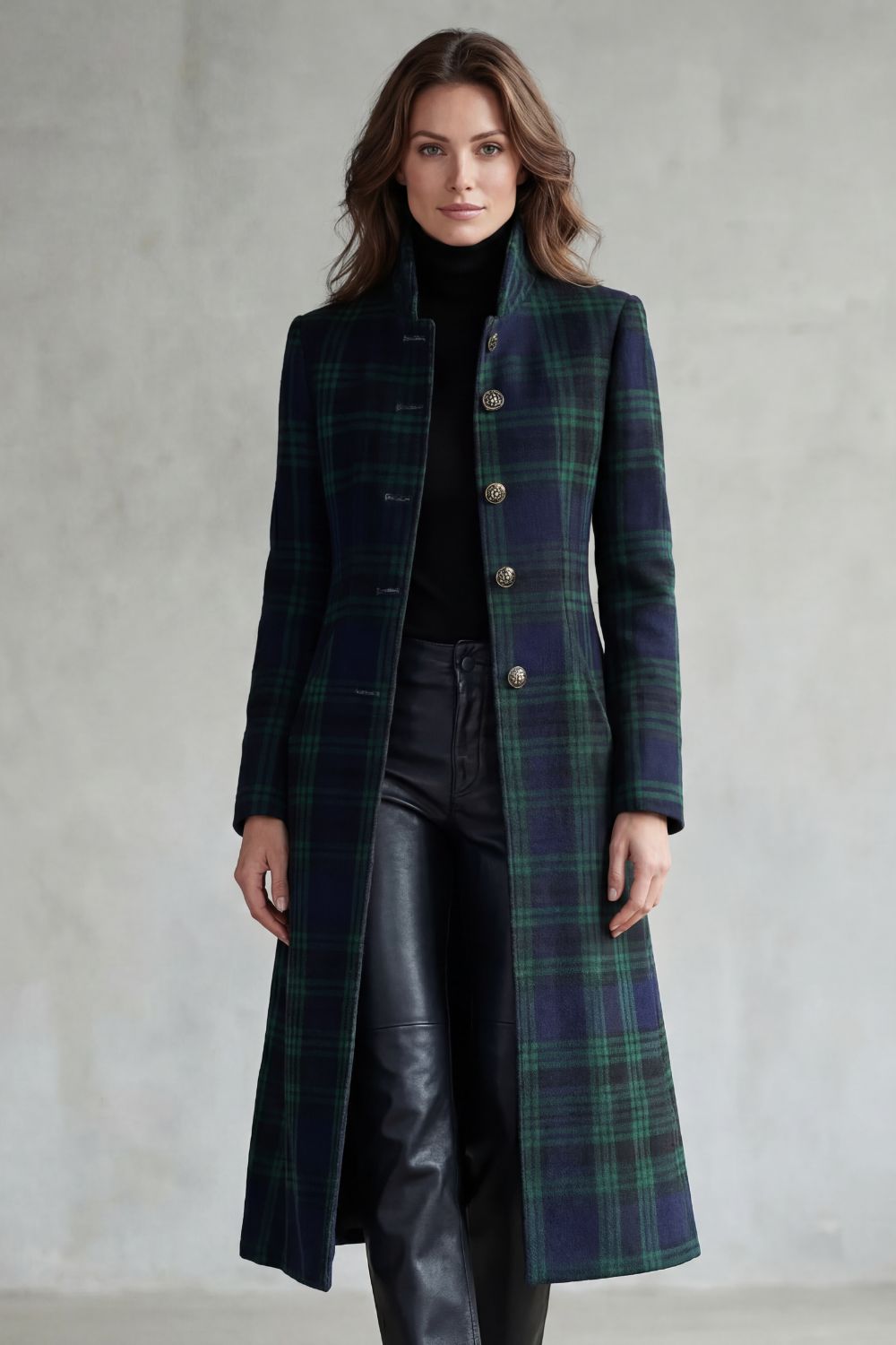 Women's Long Check Coat with Stand Collar and Button Front