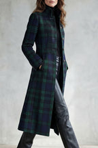 Women's Long Check Coat with Stand Collar and Button Front