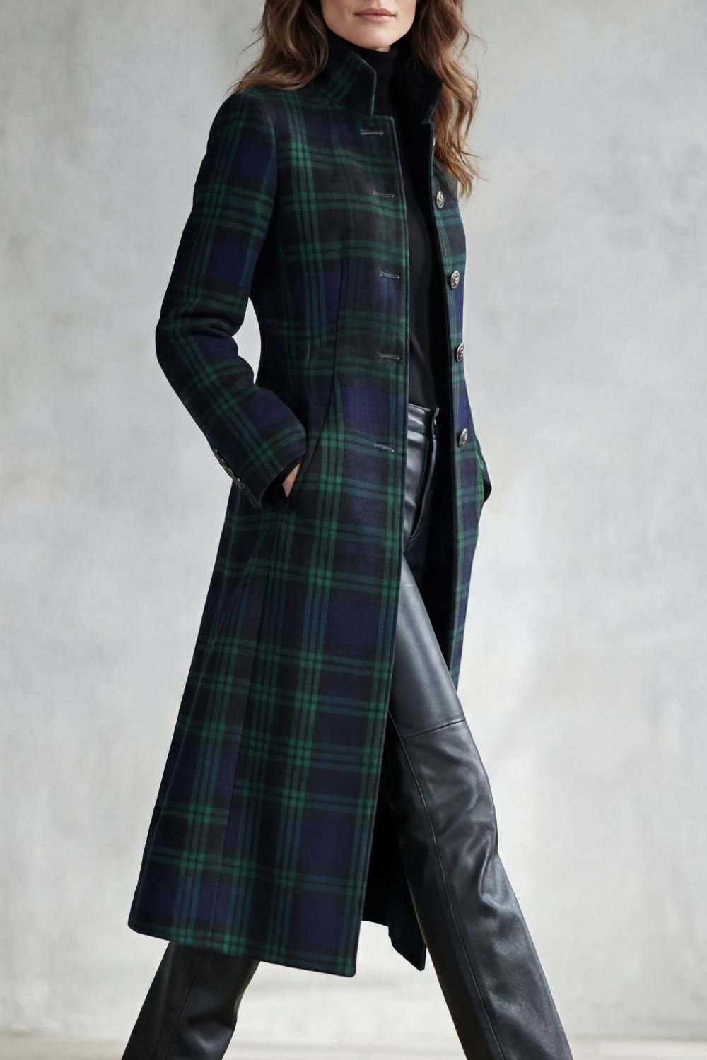Women's Long Check Coat with Stand Collar and Button Front