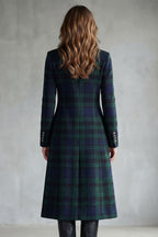 Women's Long Check Coat with Stand Collar and Button Front