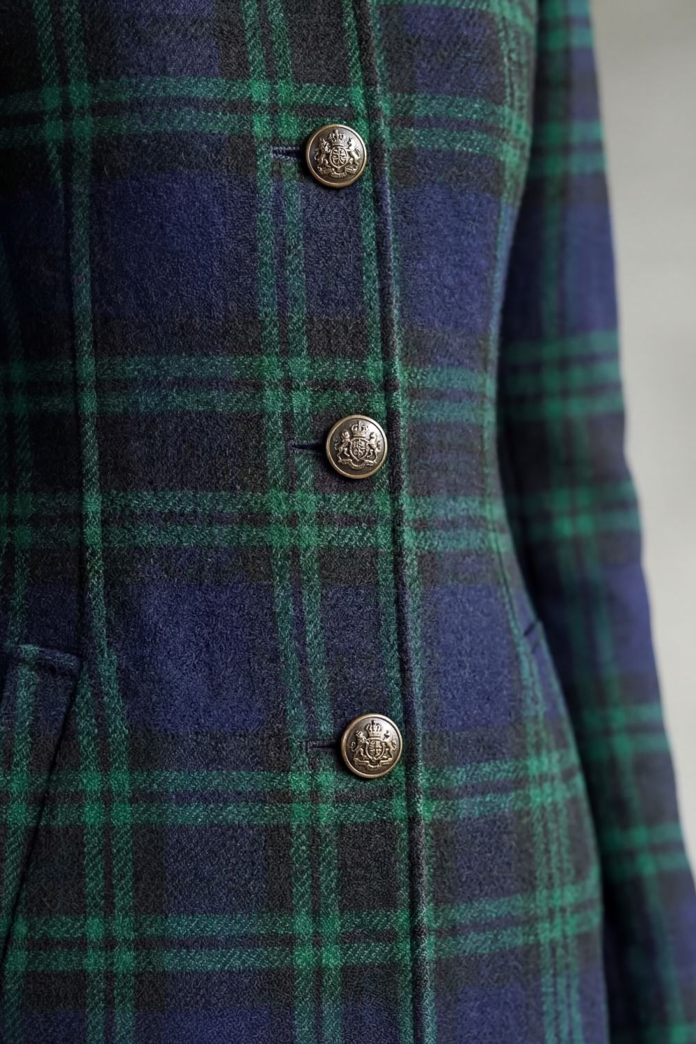 Women's Long Check Coat with Stand Collar and Button Front