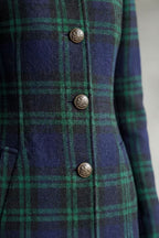 Women's Long Check Coat with Stand Collar and Button Front