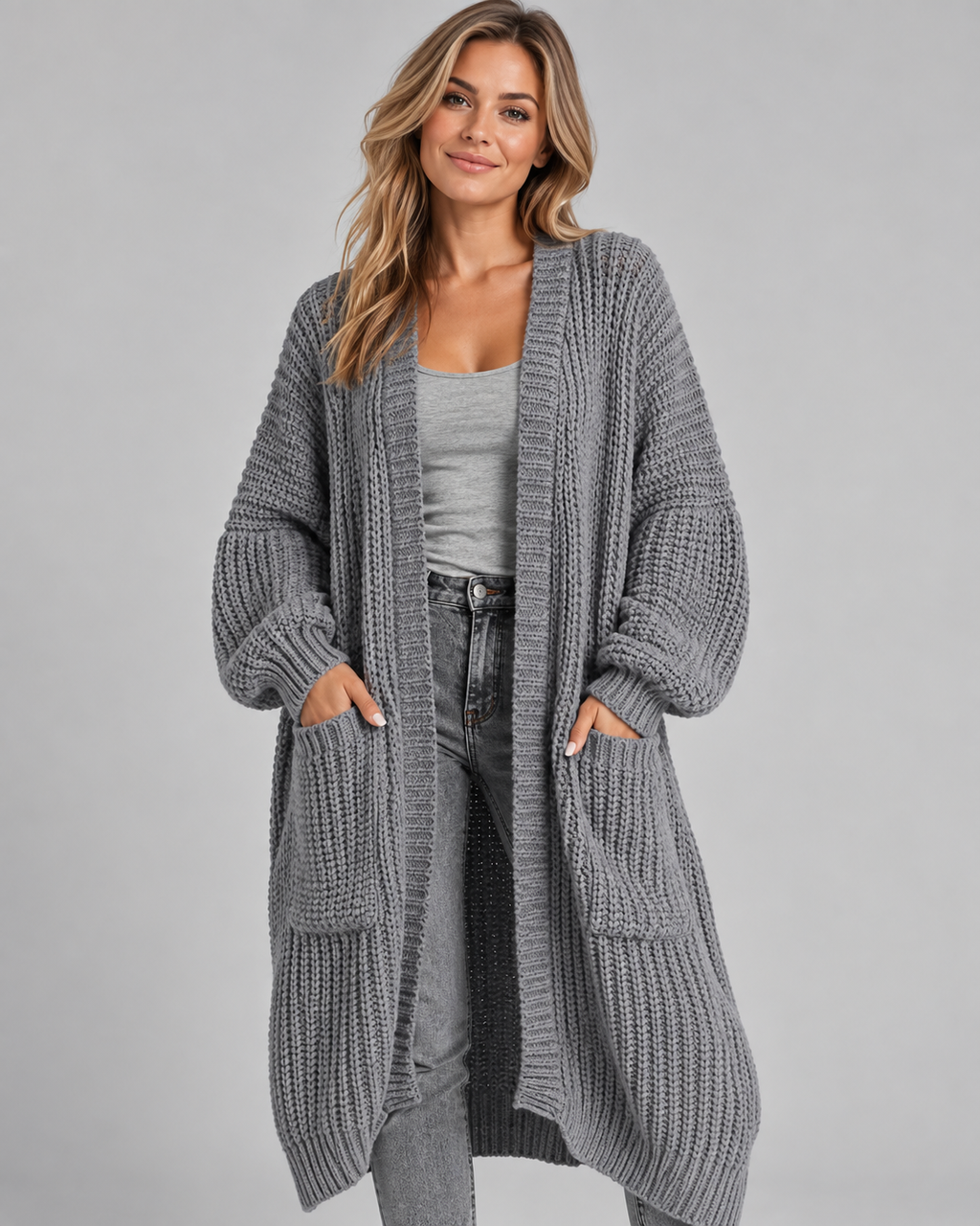 Grey chunky cable knit longline cardigan front
