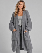 Grey chunky cable knit longline cardigan front