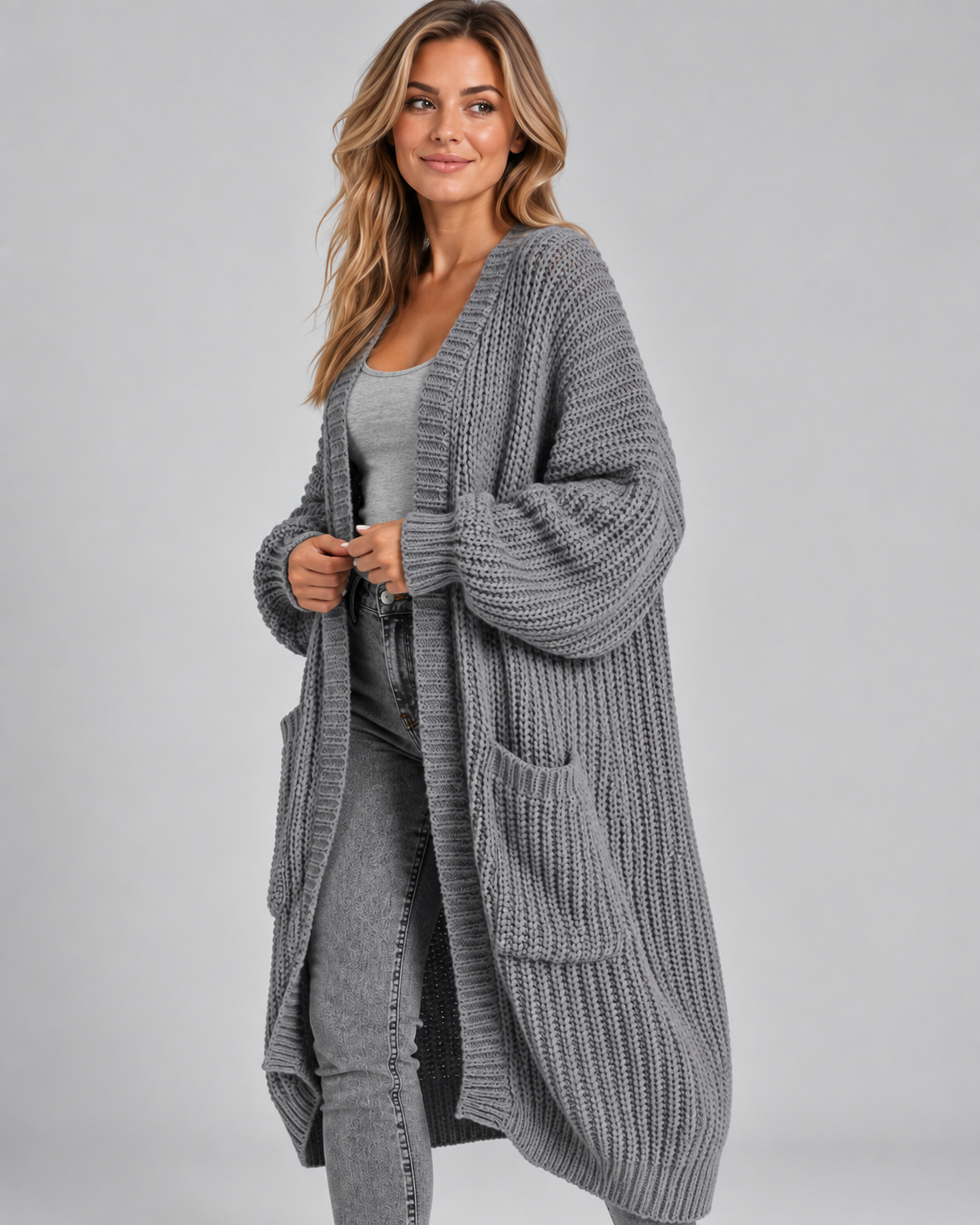 Grey chunky cable knit longline cardigan side