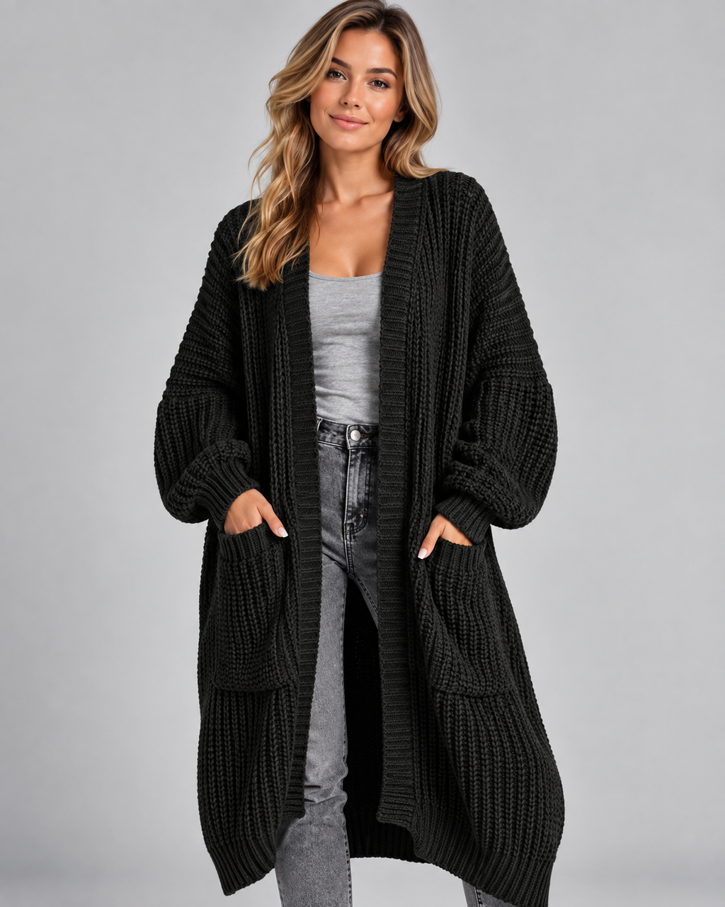Black chunky cable knit longline cardigan front