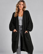 Black chunky cable knit longline cardigan front