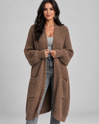 Brown chunky cable knit longline cardigan front