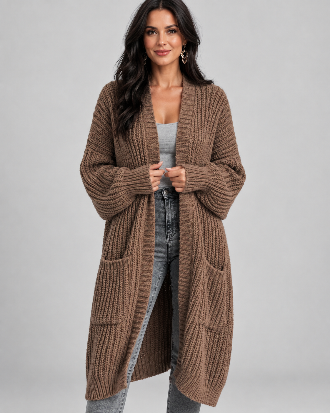 Brown chunky cable knit longline cardigan front