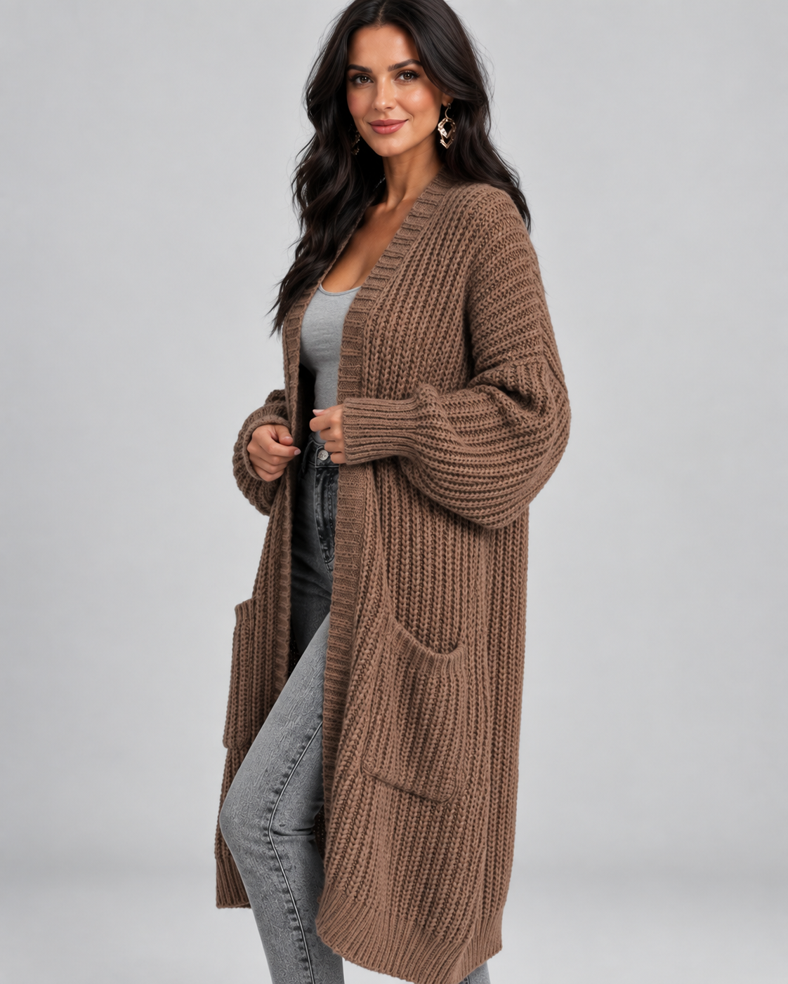 Brown chunky cable knit longline cardigan pocket detail