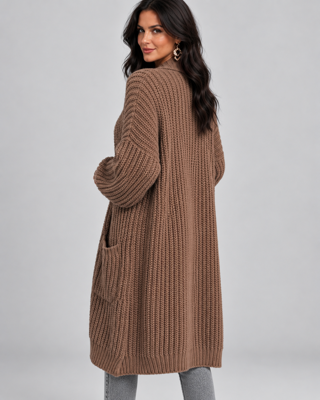 Brown chunky cable knit longline cardigan side