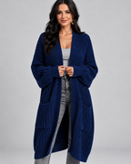 Navy chunky cable knit longline cardigan front