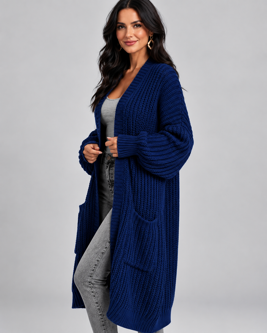 Navy chunky cable knit longline cardigan side