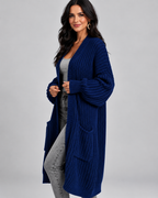 Navy chunky cable knit longline cardigan side