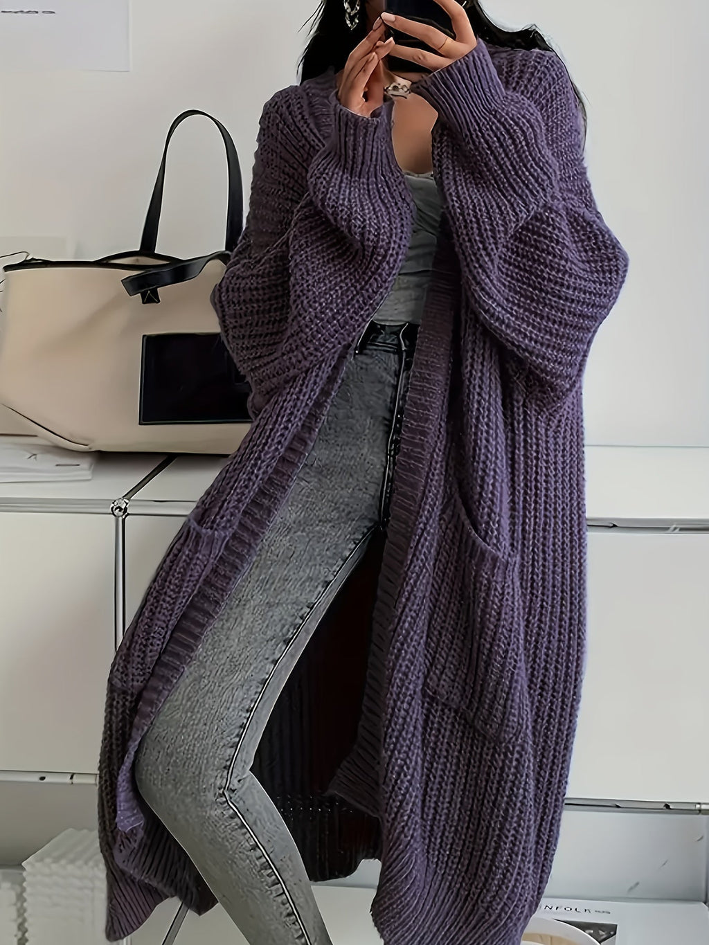 Women's Chunky Cable Knit Longline Cardigan with Open Front and Pockets