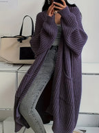 Women's Chunky Cable Knit Longline Cardigan with Open Front and Pockets
