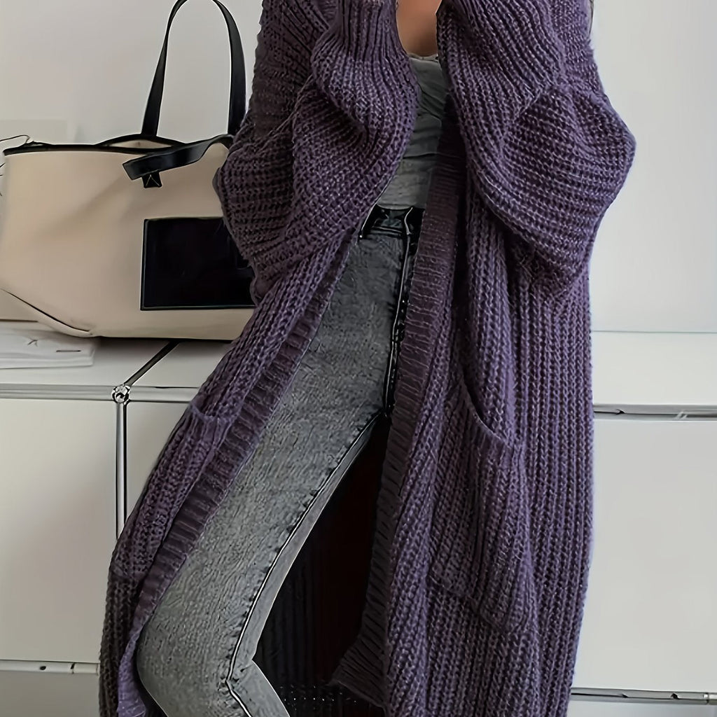 Women's Chunky Cable Knit Longline Cardigan with Open Front and Pockets