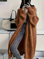 Women's Chunky Cable Knit Longline Cardigan with Open Front and Pockets