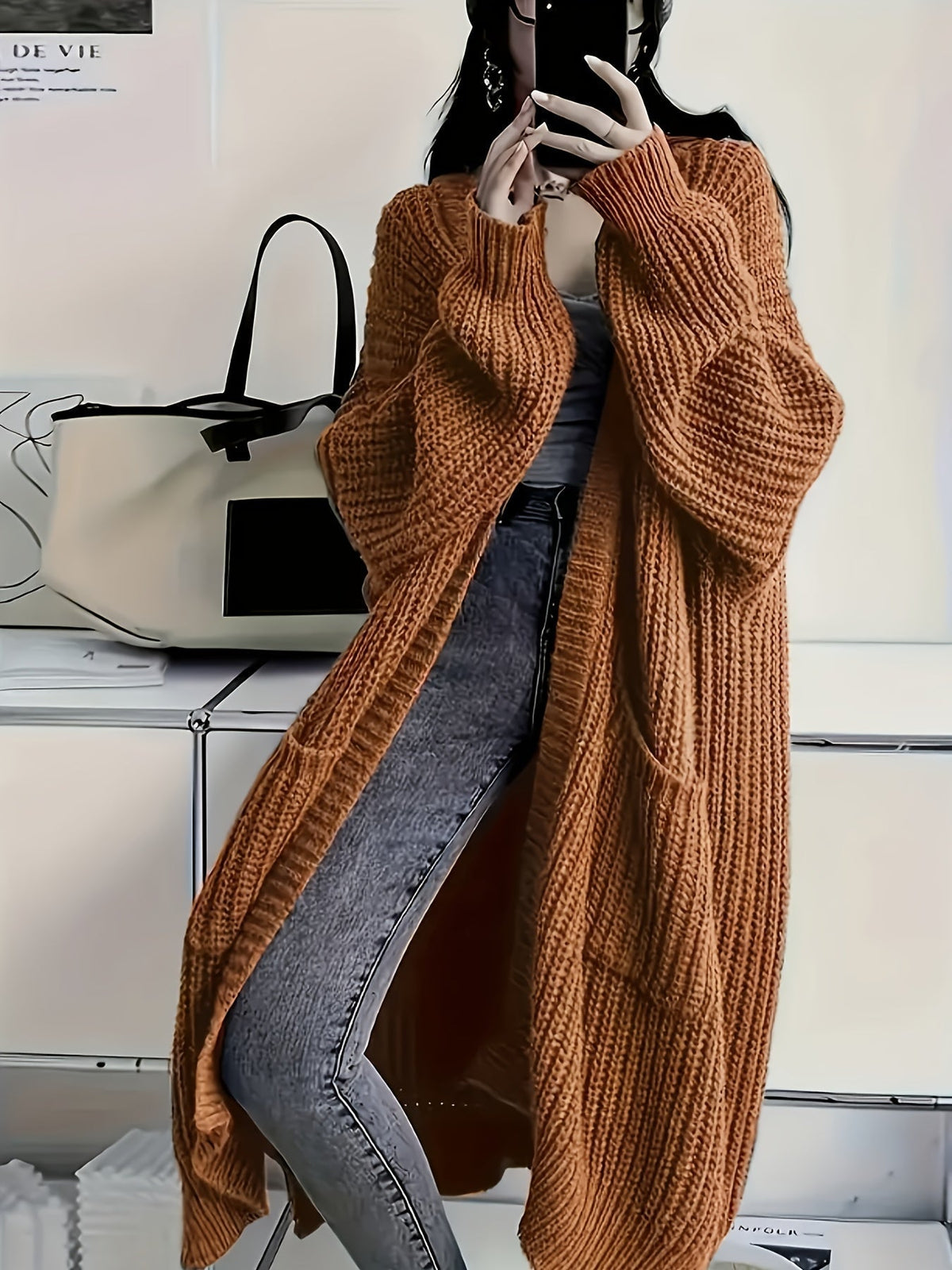 Women's Chunky Cable Knit Longline Cardigan with Open Front and Pockets
